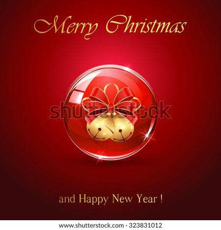 Two Christmas bells in sphere on red background, illustration.