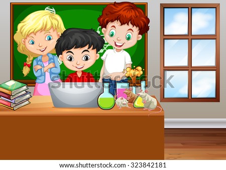 Children looking at computer in classroom illustration