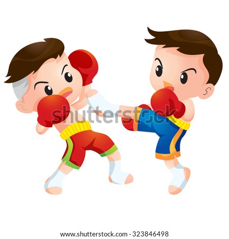 Vector illustration of Cute Thai boxing kids fighting actions knee over strike and back kick