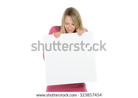 beautiful blond woman holding a blank ad