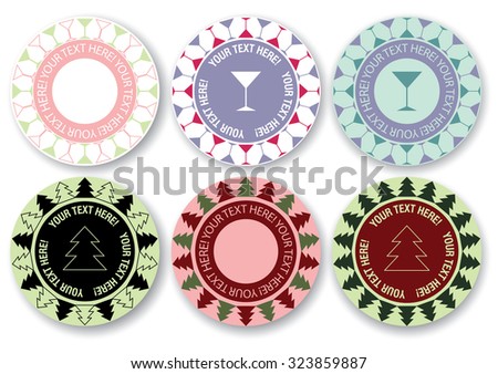 Set of vector stickers for sale. Colorful labels. Symbols for New Year, Christmas, holiday, party. The collection of labels for gifts.
Tags with Christmas trees and glasses for the bar.