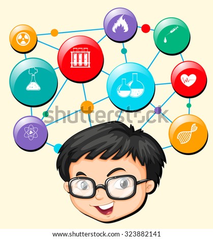 Boy with glasses and science symbols illustration