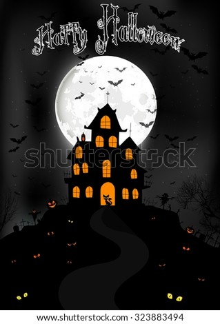 Halloween background with scary house on the full moon. Vector