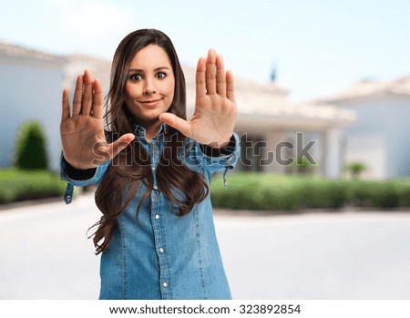happy young woman stop gesture