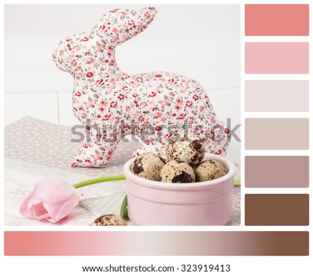 Handmade Easter Bunny Soft Toy And Napkin. Tulip Flower. Quail Eggs. Palette With Complimentary Colour Swatches.