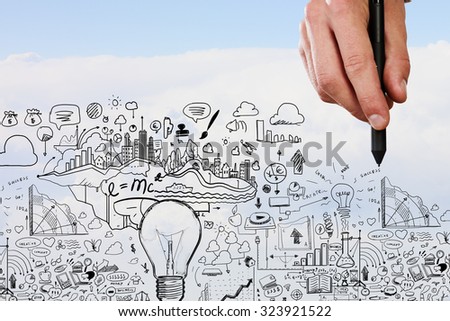 Person hand drawing business strategy plan on sky background