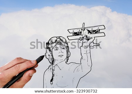 Person hand drawing pilot with old airplane on sky background