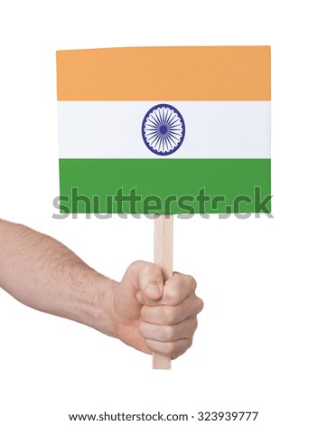 Hand holding small card, isolated on white - Flag of India