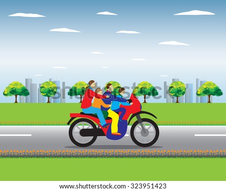 Family on a motorbike. Illustration, elements for design.