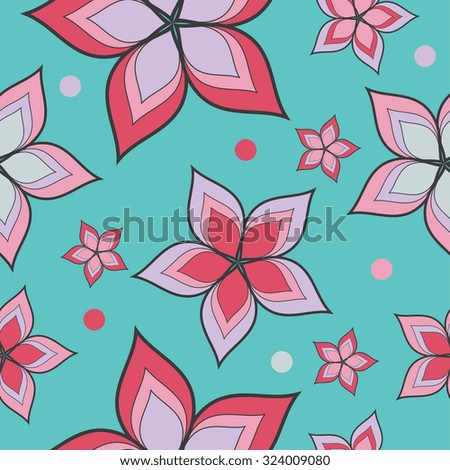 Seamless vector background with decorative flowers and polka dots