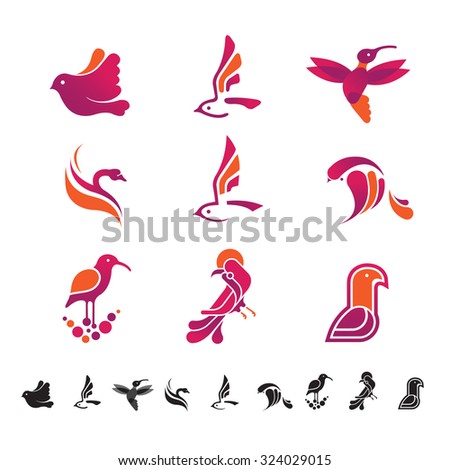 Set of nine icons with stilised birds silhouettes

