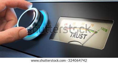 Hand turning a knob up to the maximum, Concept image for illustration of trust in business. Royalty-Free Stock Photo #324064742
