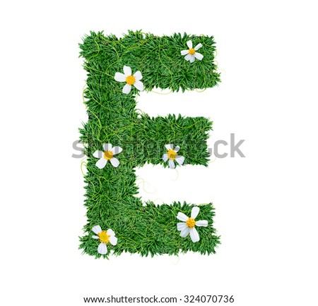 Alphabet made of green grass decorate with vine and flora isolated on white.
