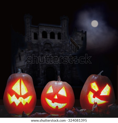 Jack o lanterns Halloween pumpkin face on sinister castle and moon background