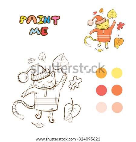 Coloring book with autumn cartoon cat.