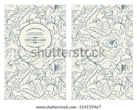 Vintage card with flowers on background. Book cover with chrysanthemums. Blue lines on white background. Vector illustration. Royalty-Free Stock Photo #324159467