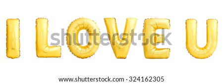 Golden love message. Helium balloons isolated on white background