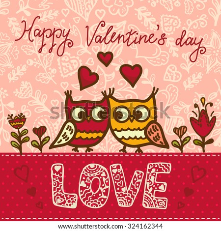 Cartoon owls birds pattern background. Valentines Day design.