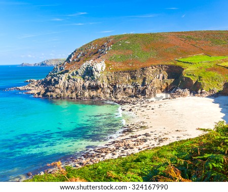 Overlooking the secluded beach at Portheras Cove near Pendeen in Penwith Cornwall England UK Europe