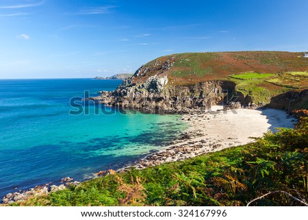 Overlooking the secluded beach at Portheras Cove near Pendeen in Penwith Cornwall England UK Europe