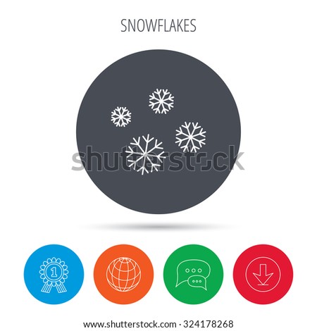 Snowflakes icon. Snow sign. Air conditioning symbol. Globe, download and speech bubble buttons. Winner award symbol. Vector