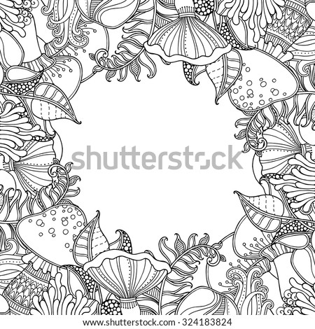 Nature frame with Grass, fern, mushrooms in doodle style. Floral, ornate, decorative, tribal vector design elements. Black and white monochrome background. Zentangle hand drawn coloring book page
