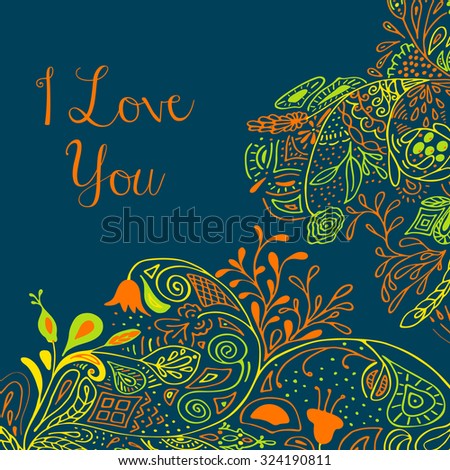 I Love you text on teal background with floral nature ornament with roses, flowers, bluebell, campanula, bellflower, leaves, branches. Vector illustration eps 10. For valentines day design concept. 