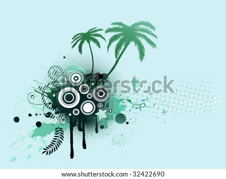 A vector illustrated blue decorative elements with palm trees and Grunge circles