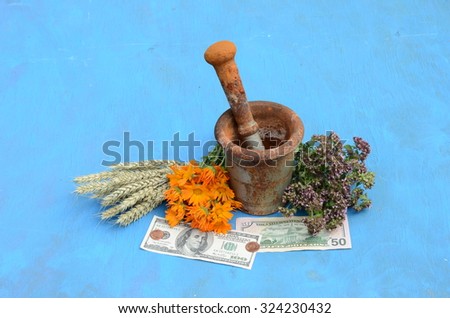 Still life with herbs, dollars and mortar with pestle on blue background