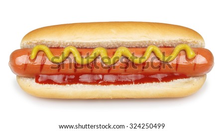 Hot dog grill with mustard isolated on white background. Royalty-Free Stock Photo #324250499