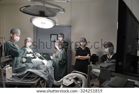 group of veterinarian doctor in operation room for laparoscopic surgical take with selective color technique and art lighting
