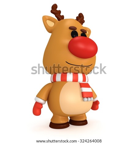 Christmas deer with red nose wear scarf and mittens. 3D render isolated on white. Xmas and new year concept.