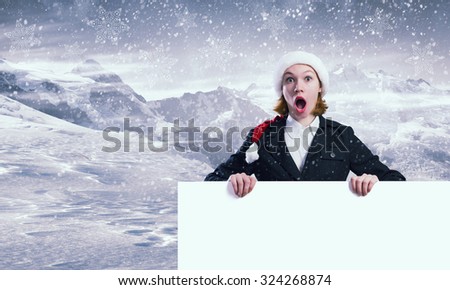 Shocked Santa woman with blank banner. Place for your text
