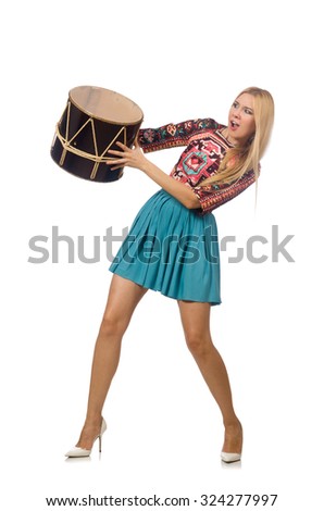 Woman with drum isolated on white