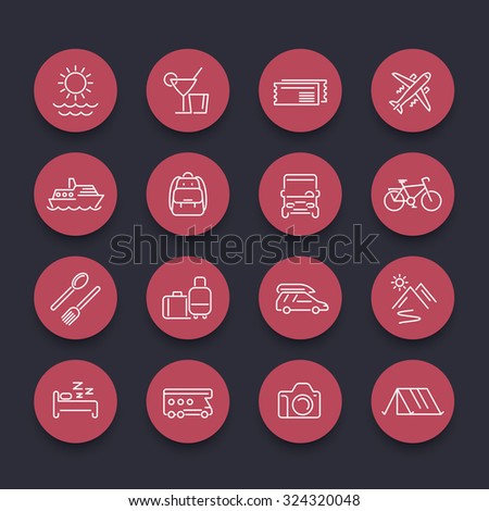 Travel, tourism, trip, vacation line round red icons, vector illustration
