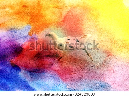 Watercolor beautiful picture with a yellow chicken photographed close up