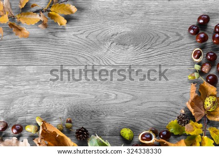 Autumn colorful leaves, chestnuts and acorns on a wooden table