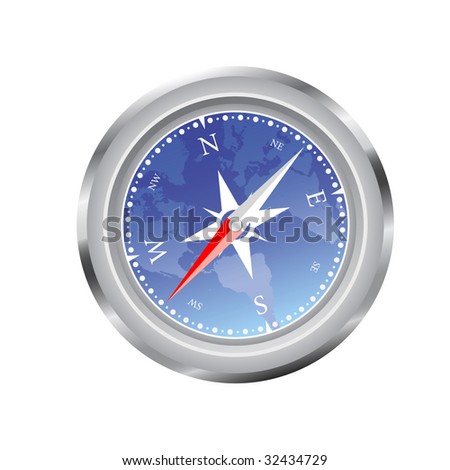 Compass, with a dark blue card of the world, located on the isolated white background