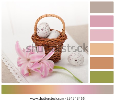 Little Braided Wooden Basket With Chocolate Eggs On Handmade Natural Linen Napkin. Hyacinth Flowers. Palette With Complimentary Colour Swatches.