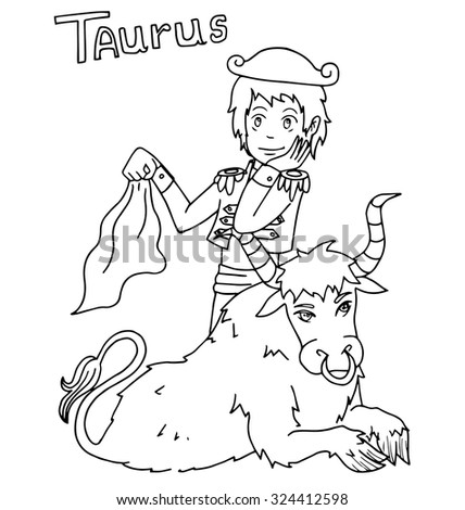 the children with taurus animal zodiac and china horoscope hand drawing outline for coloring isolated on the white background.