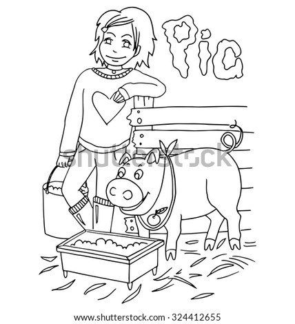 the children with pig zodiac and china horoscope hand drawing outline for coloring isolated on the white background.