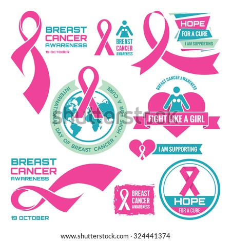 19 October - International Day of Breast Cancer Awareness - creative vector badges set. Hope for a cure. I am supporting. Pink ribbon sign. Design elements. 