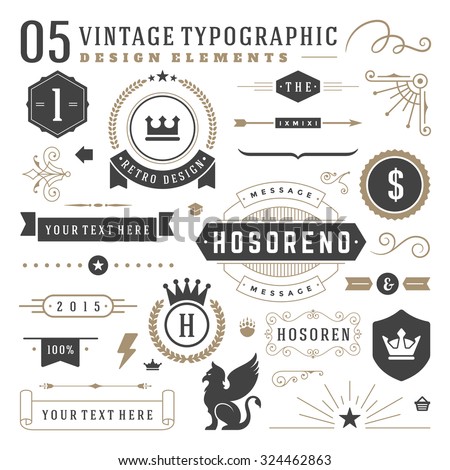 Retro vintage typographic design elements. Arrows, labels, ribbons, logos symbols, crowns, calligraphy swirls, ornaments and other. 