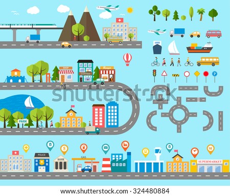 Cityscape design elements with navigation pins, road, park, transport, people, buildings, trees set. May be used for web site, brochure design, infographics template, chart, vector illustration Royalty-Free Stock Photo #324480884