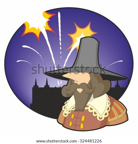 Guy Fawkes with Firework Display and Parliament House silhouette - cartoon illustration Royalty-Free Stock Photo #324481226