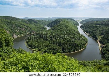 View from Cloef to Saarschleife, Saar river, Germany. Royalty-Free Stock Photo #324523760