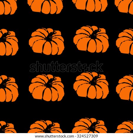 Halloween pattern with orange hand-drawn Halloween pumpkins on a black background, lined up in neat rows. All isolated.