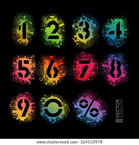 Rainbow paint splatter stencil numbers alphabet set on black background. RGB EPS 10 vector illustration