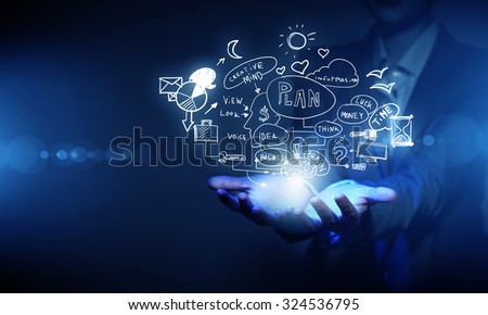 Businessperson hands presenting business idea sketch on palms