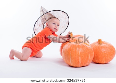 baby witch hat on a white background sitting in front of pumpkins, picture with depth of field